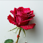 It's a lovely red rose, bejeweled with tiny water drops.