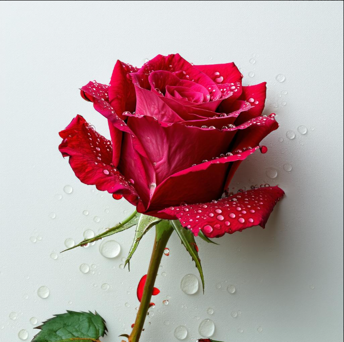 It's a lovely red rose, bejeweled with tiny water drops.